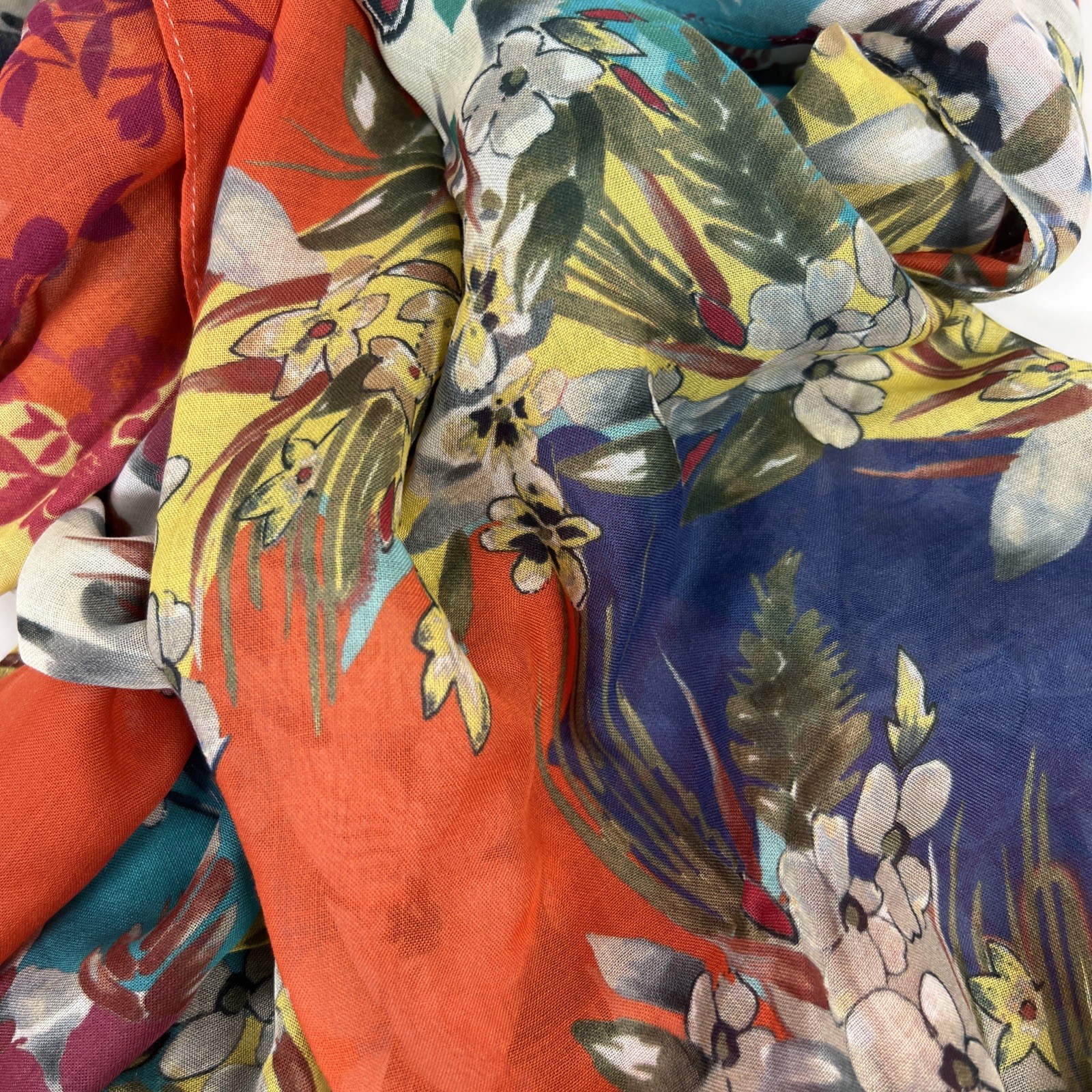 Talbots 100% Modal Scarf 75” X 27” White Teal Yellow and Orange Floral NWT