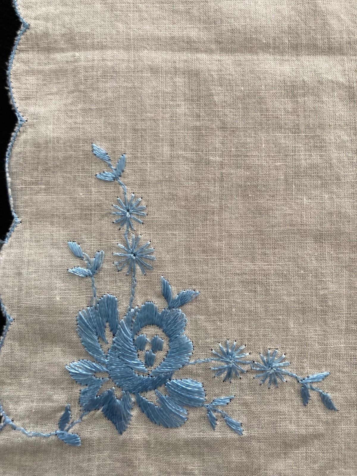VINTAGE Embroidered Handkerchief Blue Flowers Scalloped Edge 8.5 inches