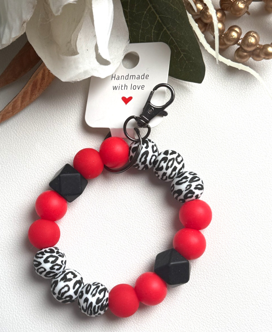 Silicone Beaded Keychain Wristlet Bracelet Red Leopard