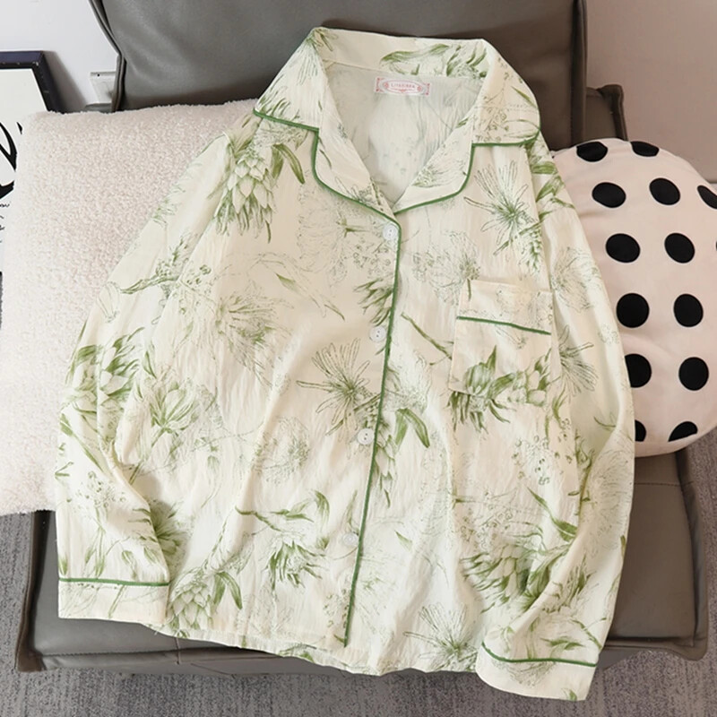 Chinese Style Ink Bamboo Print 2 Pieces Pajamas Casual Turn-Down Collar Homewear
