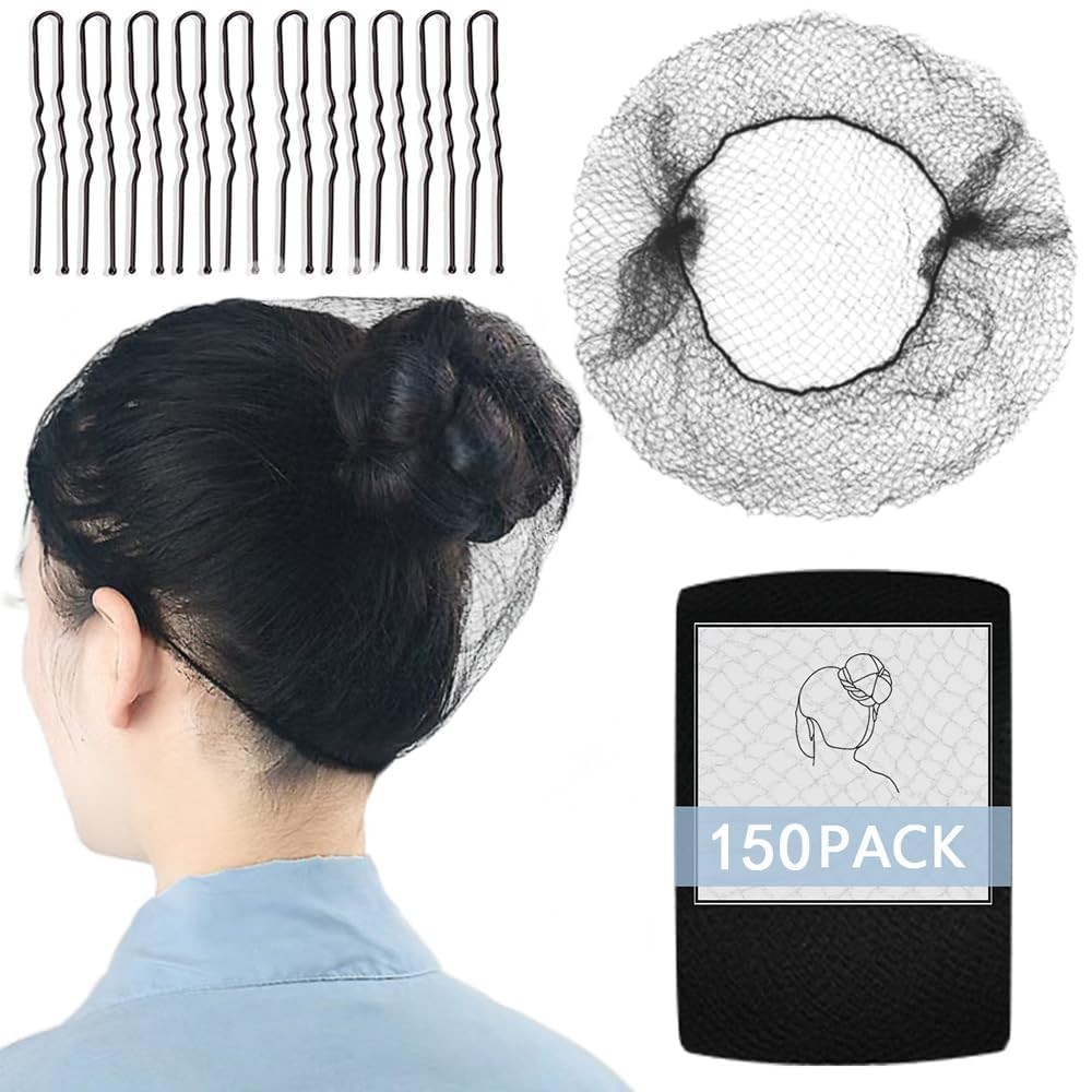 150Pcs Black Hair Nets – 24″ Elastic Mesh for Food Service & Ballet Buns + 10 U