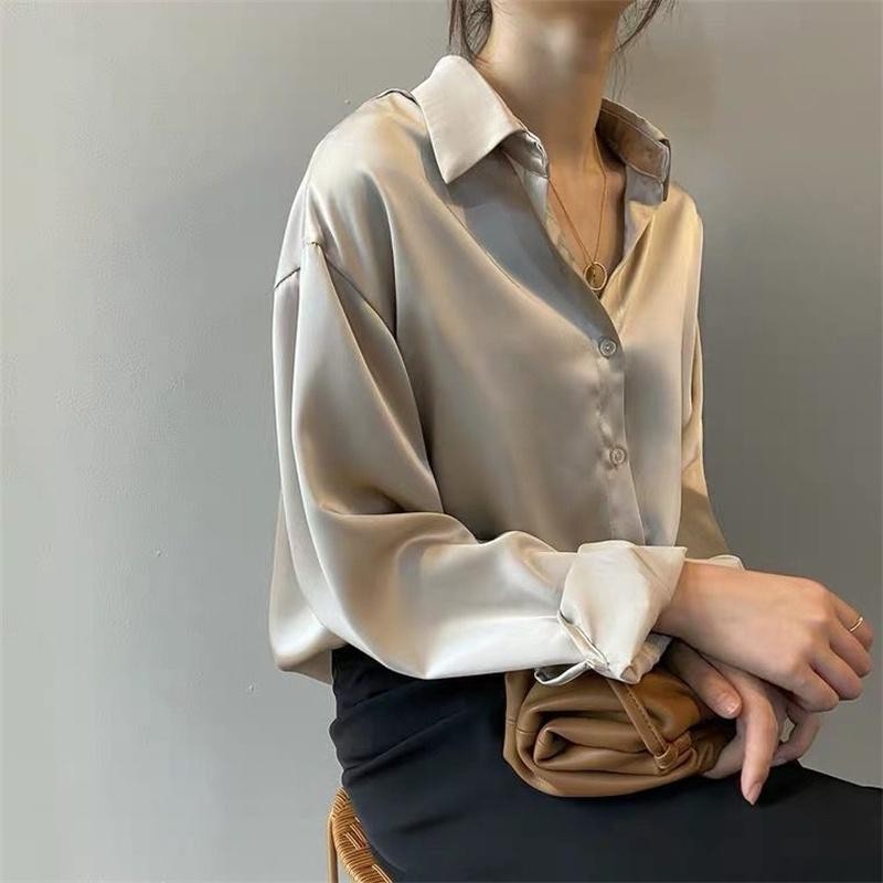 Silk Korean Office Ladies Elegant Shirt Blouse Button Up Satin Long Sleeve Shirt