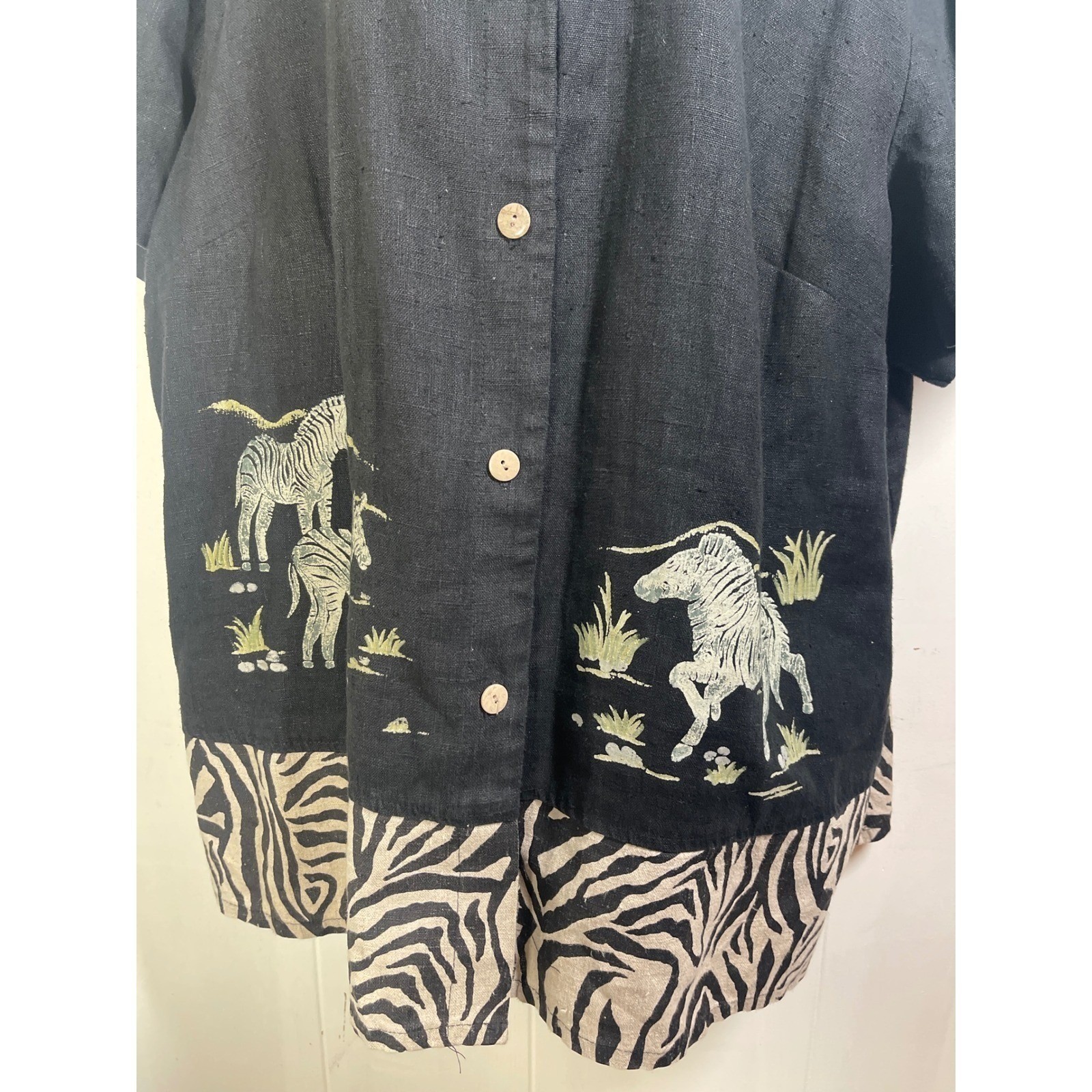 Black Linen Zebra Print Animal Safari Button Top 24W earthy festival wildlife