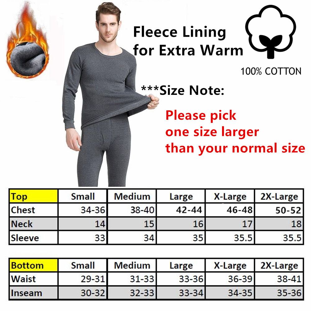 100% Cotton Men Winter Thermal Fleece Lined Long Johns Top Bottom Underwear Set