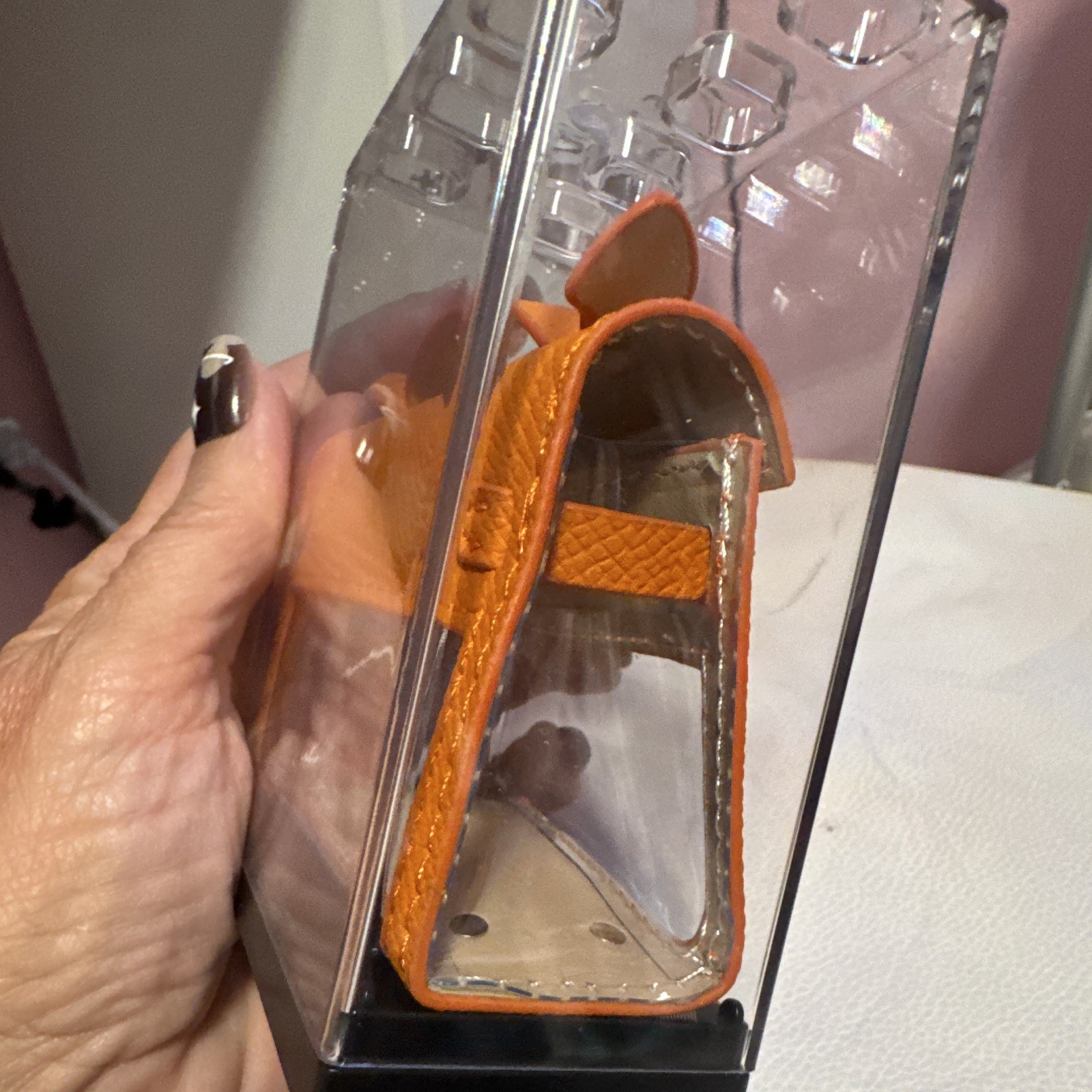 Mini Top Handle Bag Orange/Clear Turn Lock Gold Hardware Rectangle Solid