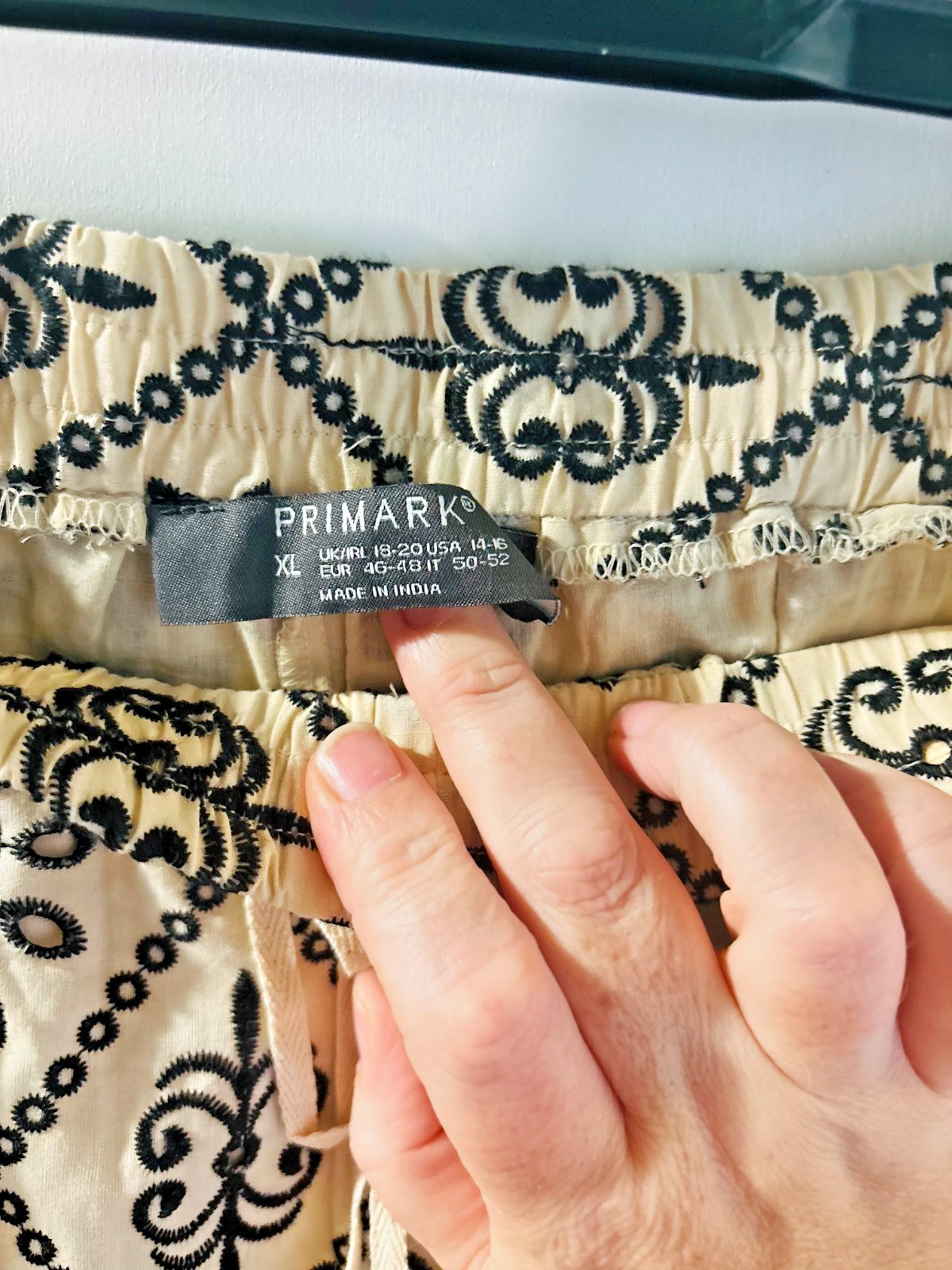 Primark 100% Cotton Embroidered Beige and Black Wide Leg Trousers, Plus Size -20
