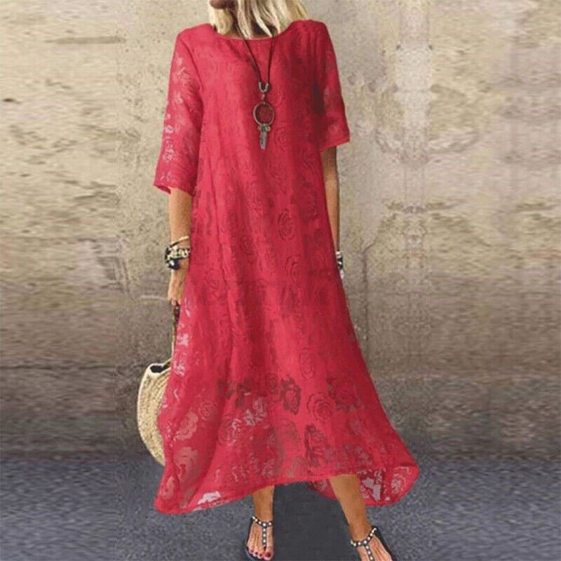 Womens Vintage Dress Casual Loose Fashion Lace O Neck 3/4 Sleeve Long Dress