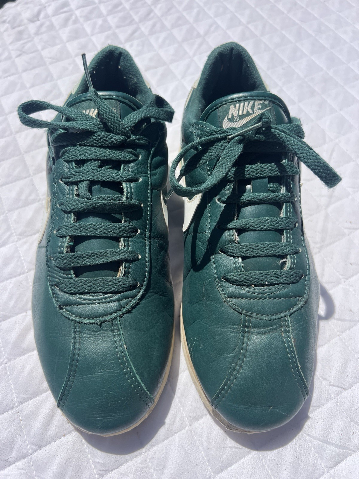 Vintage 1980s Nike Cortez Size 8 Green Leather Shoes Made in Republic of Korea