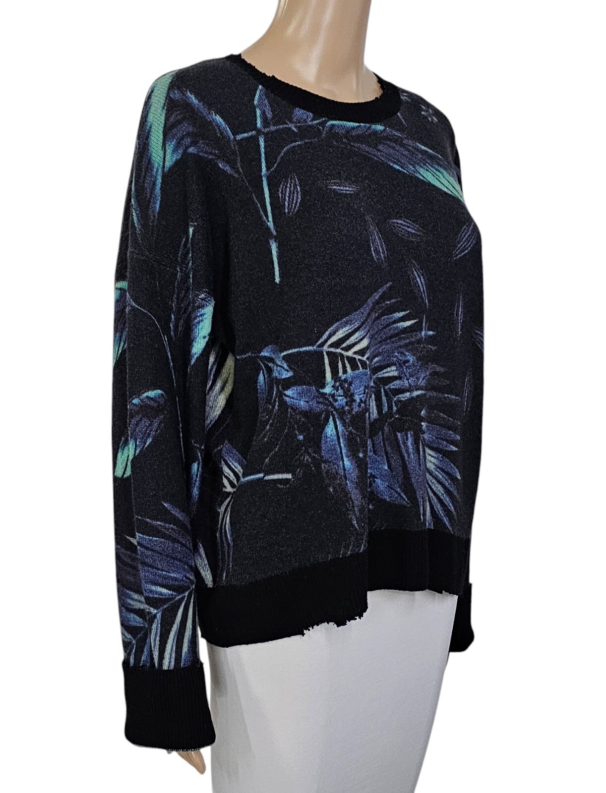 RTA Emma Cashmere Tropical Print Distressed Crew Neck Long Sleeve Sweater M $495