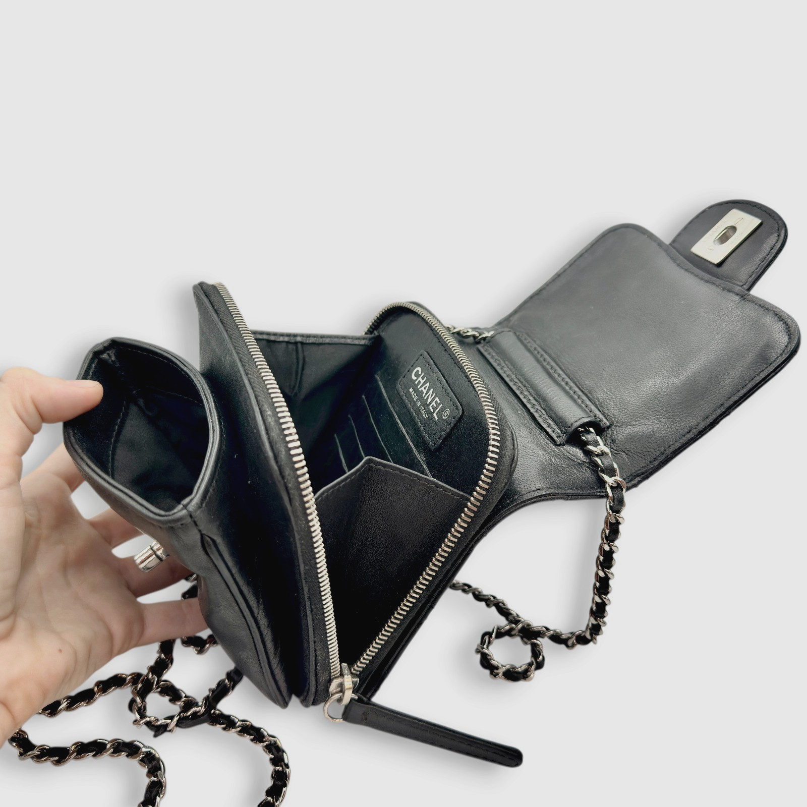 CHANEL Clams Wallet on Chain WOC Black Lambskin Silver Hardware 2012 Authentic
