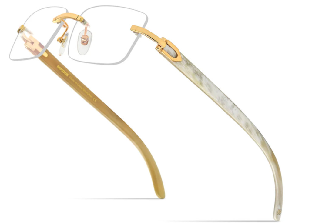 Men’s Vintage Gold Frame Rimless Hip Hop Black Woodgrain Clear Lens Glasses