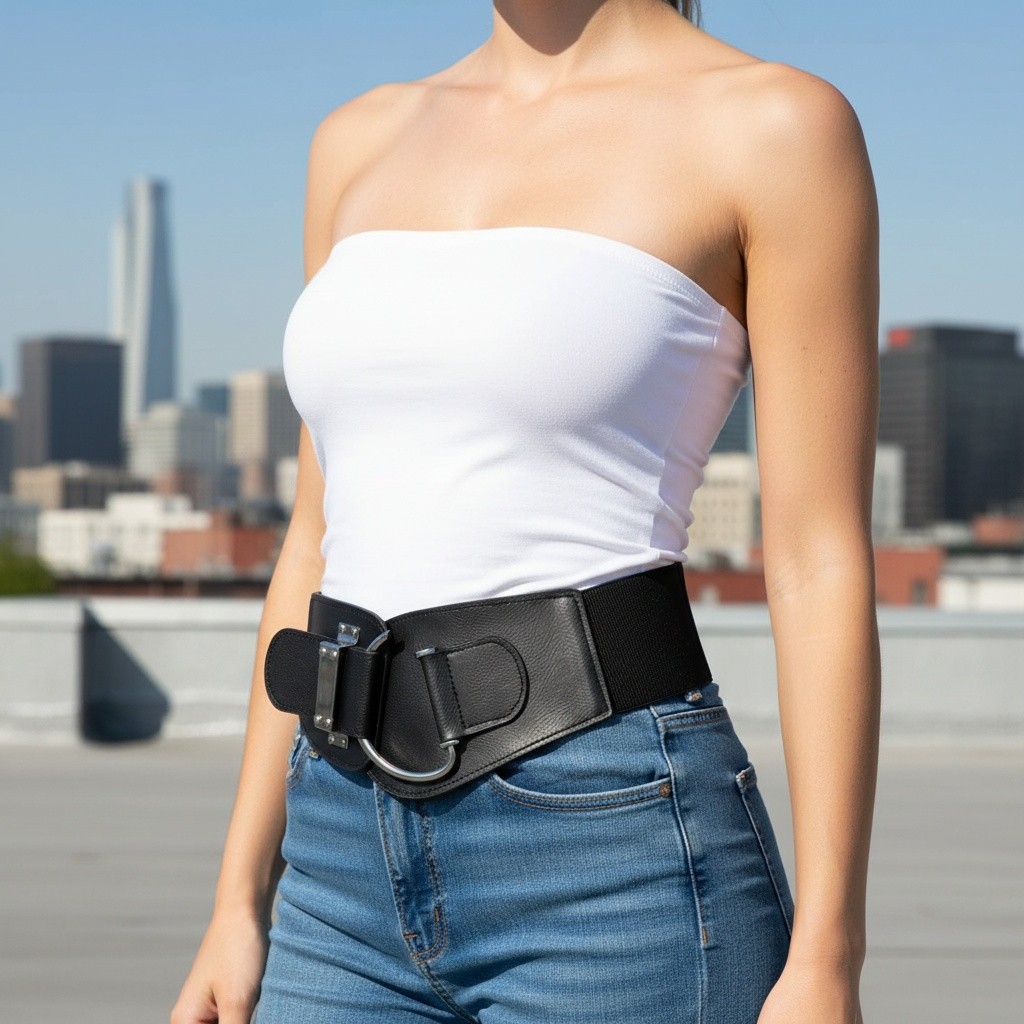 Women Black Wide Elastic Fashion Hip Waist Belt SILVER Metal Hook Buckle Fit S M