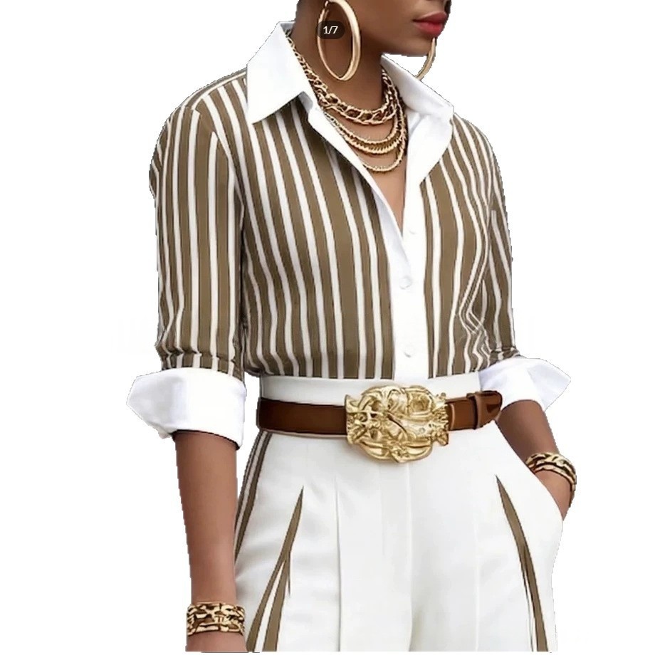 Women 2PC Striped Set Shirt & Vertical Stripe Wide Leg Pants Casual