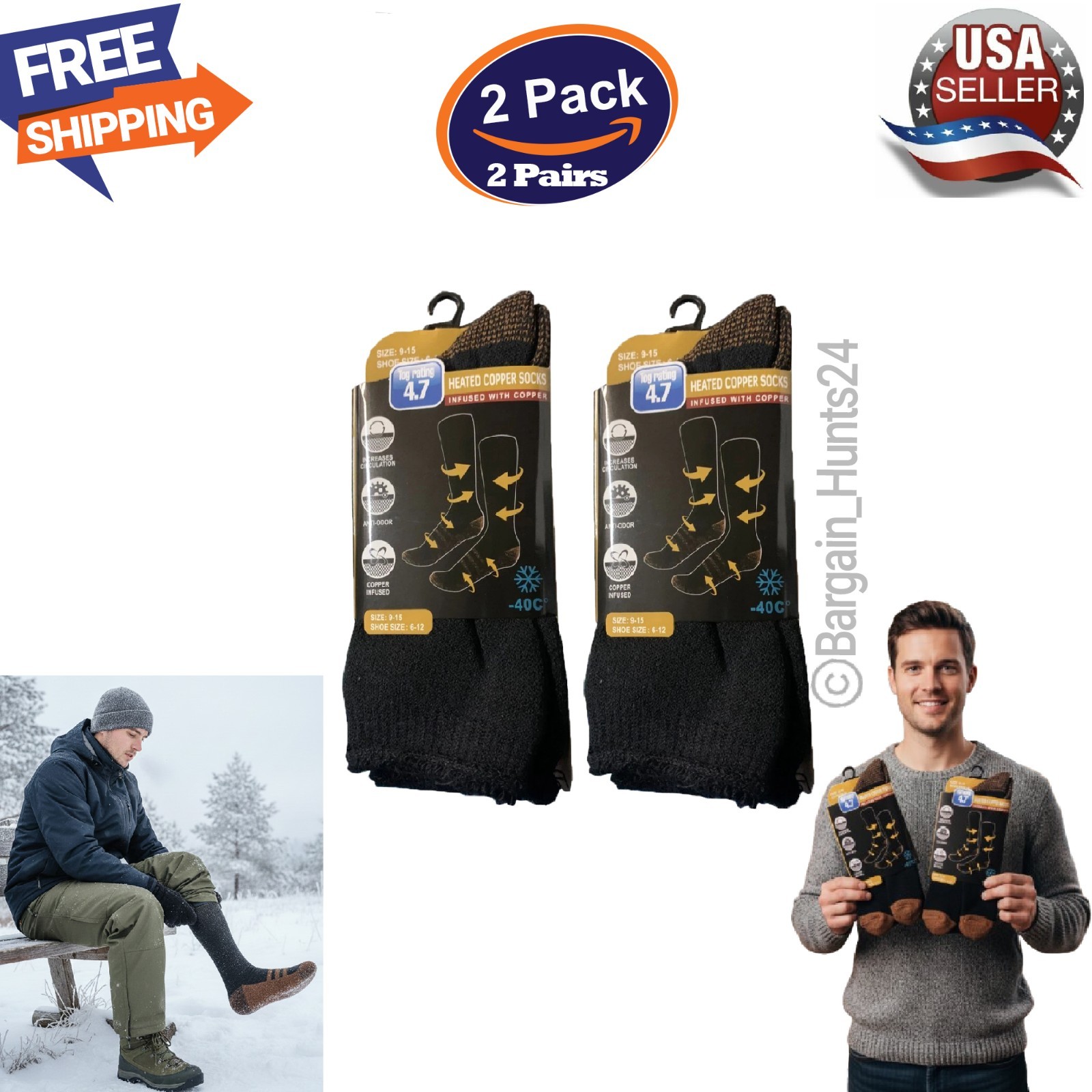 2 Pairs Goldstar Heated Copper Socks Black Athletic Relief Travel Running Energy