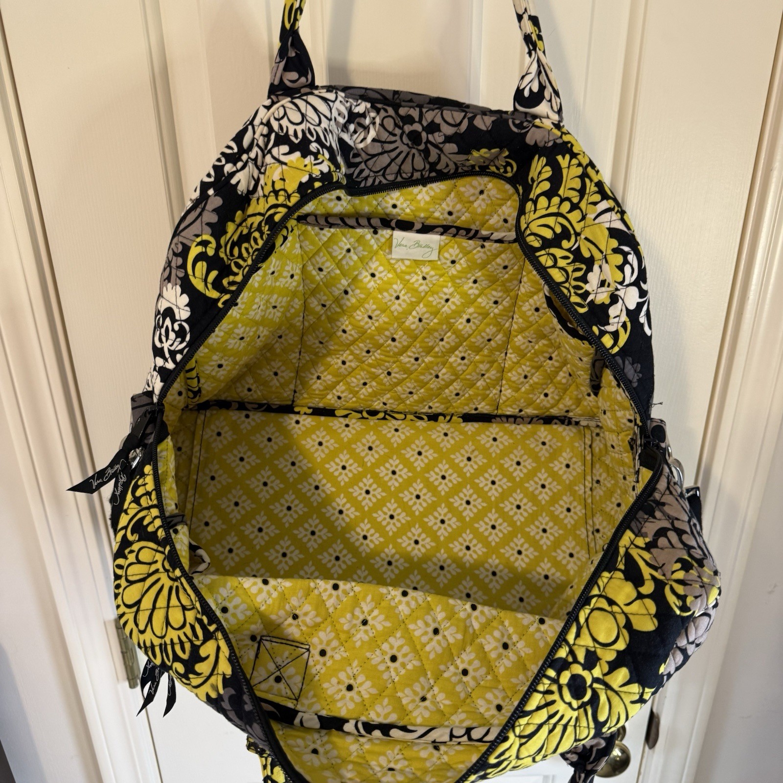 Vera Bradley Fanfare Traveler Weekender Bag Black White Yellow Boho Paisley
