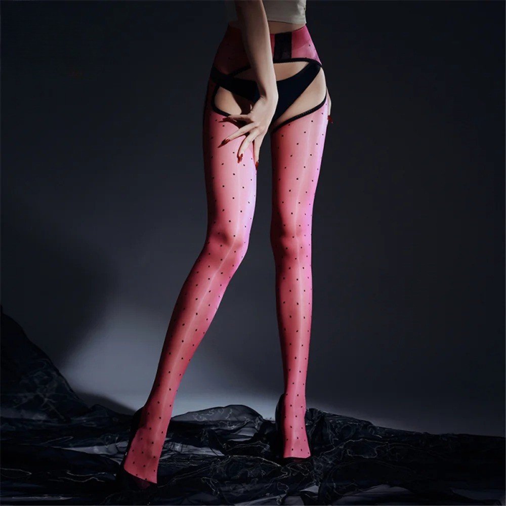 Women Open Crotch Pantyhose Thin Dot Elastic Stockngs Oil Glossy Shiny Tights