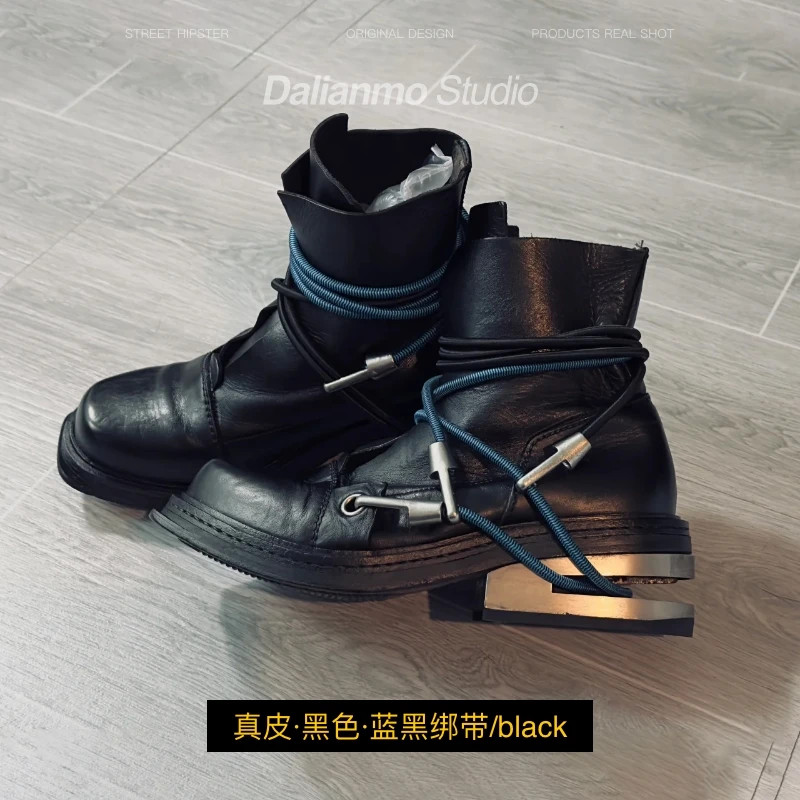 Men’s Motorcycle Boots Metal Chunky Heel Mid-Calf Round Toe Western Boots Couple