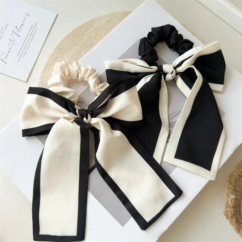 1Pc Fashion Solid Bow Ribbon Tassel Hair Scrunchies Elastic Hair Bands For Women