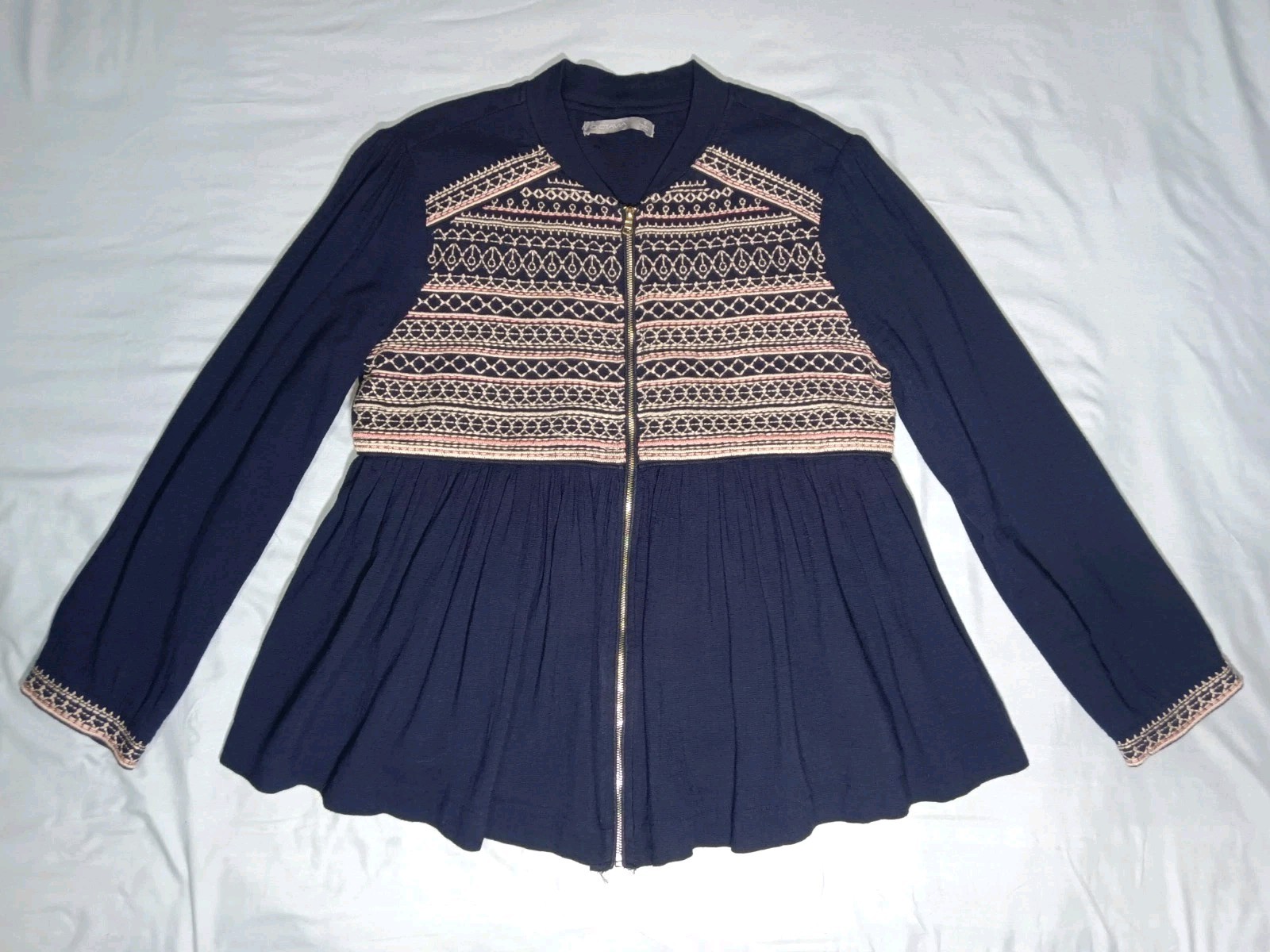 Octavia Zip Front Smocked Shirt Cotton 3/4 Sleeve Swing Peblum Fair Isle Size S