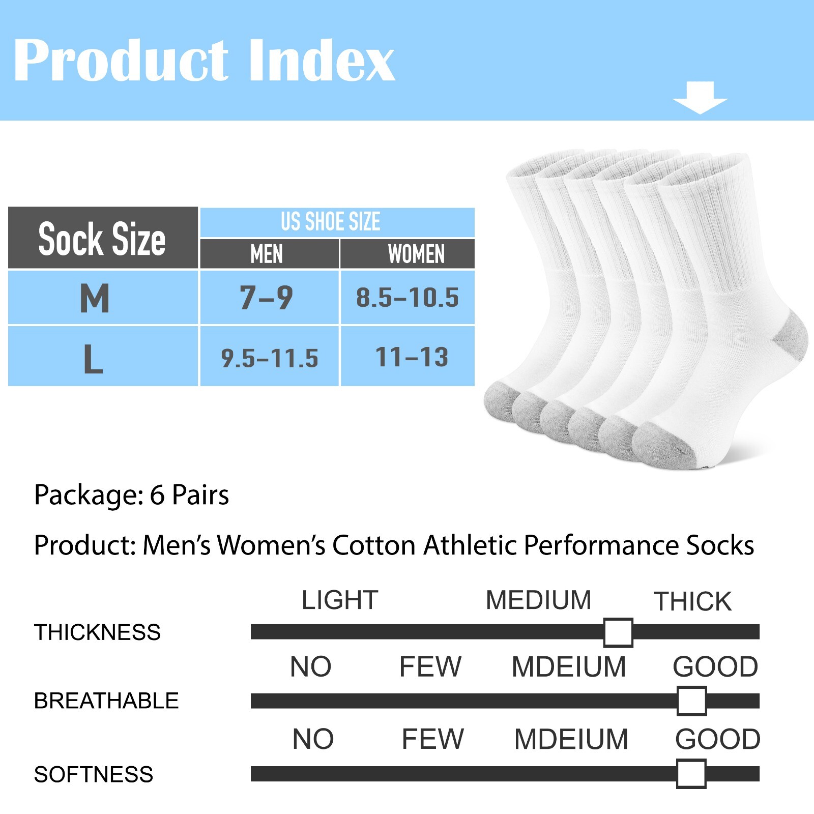 6 Pairs Men’s Women’s Athletic Cotton Casual Crew Solid Sport Socks White M-L