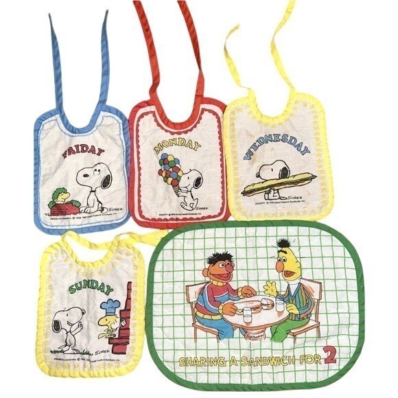Vintage 60s Snoopy Days Of The Week Bibs & Sesame Street Place Mat