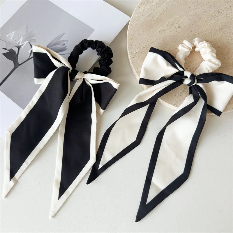 1Pc Fashion Solid Bow Ribbon Tassel Hair Scrunchies Elastic Hair Bands For Women