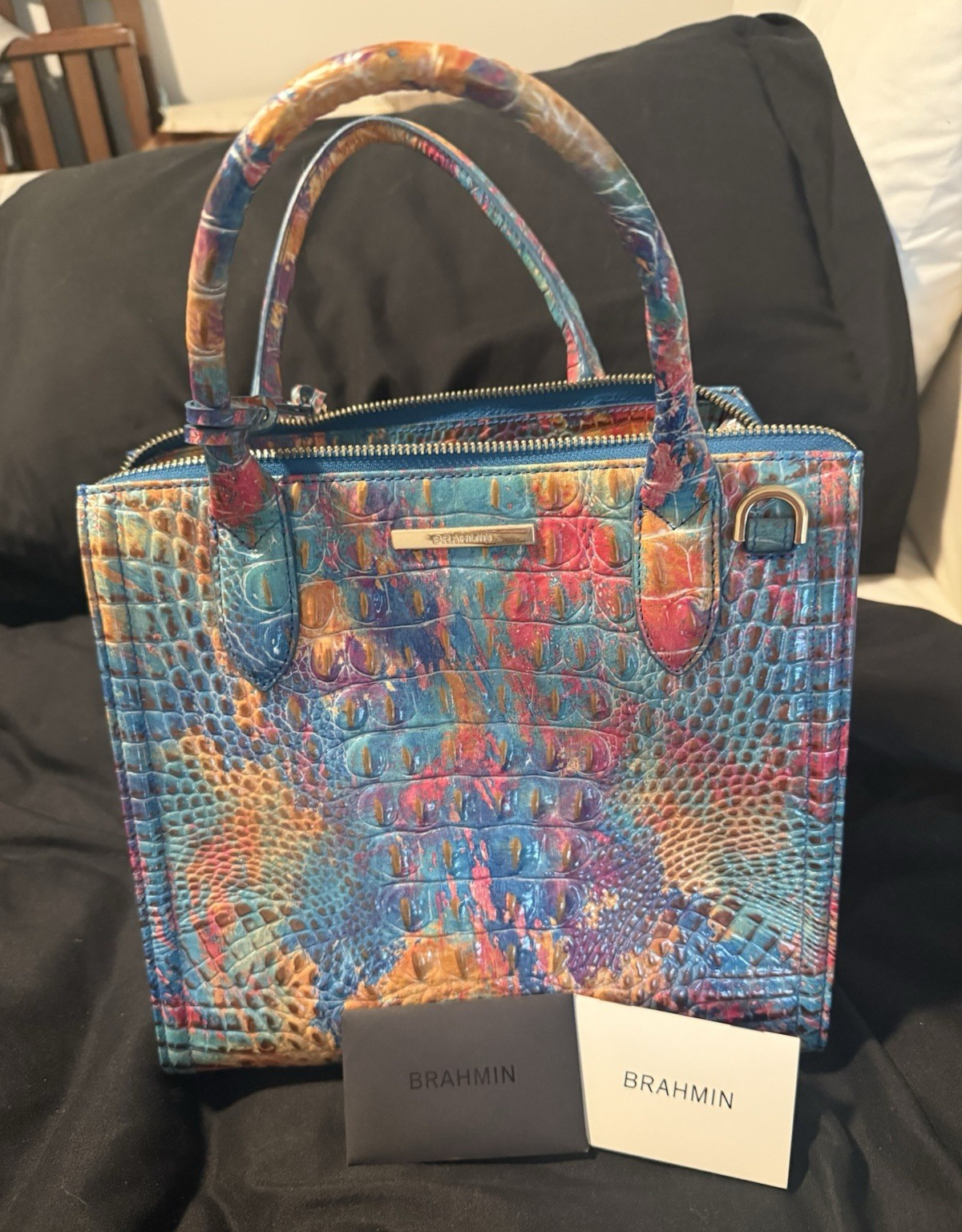 Brahmin Melbourne Multicolor Croc Embossed Zip Satchel Medium Gold Hardware
