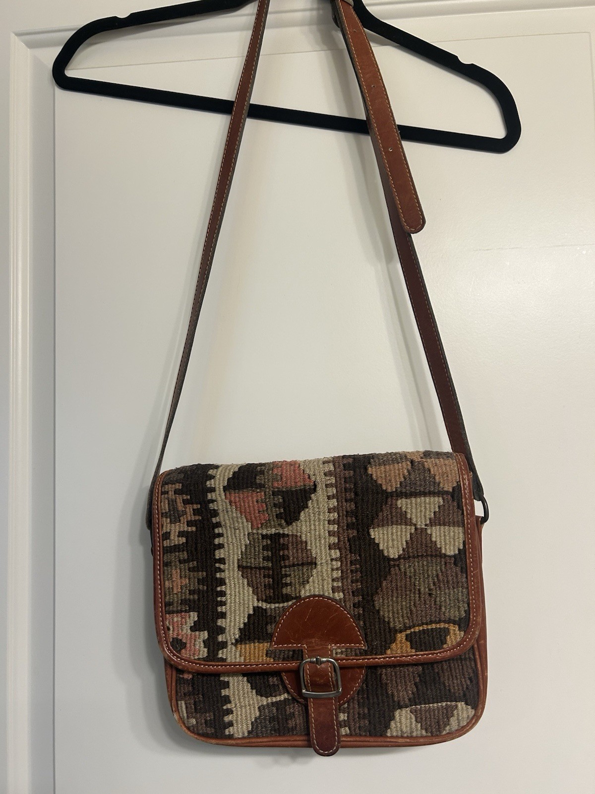 Vintage Genuine Kilim Wool Leather Woven Crossbody Shoulder Bag Made in Turkey