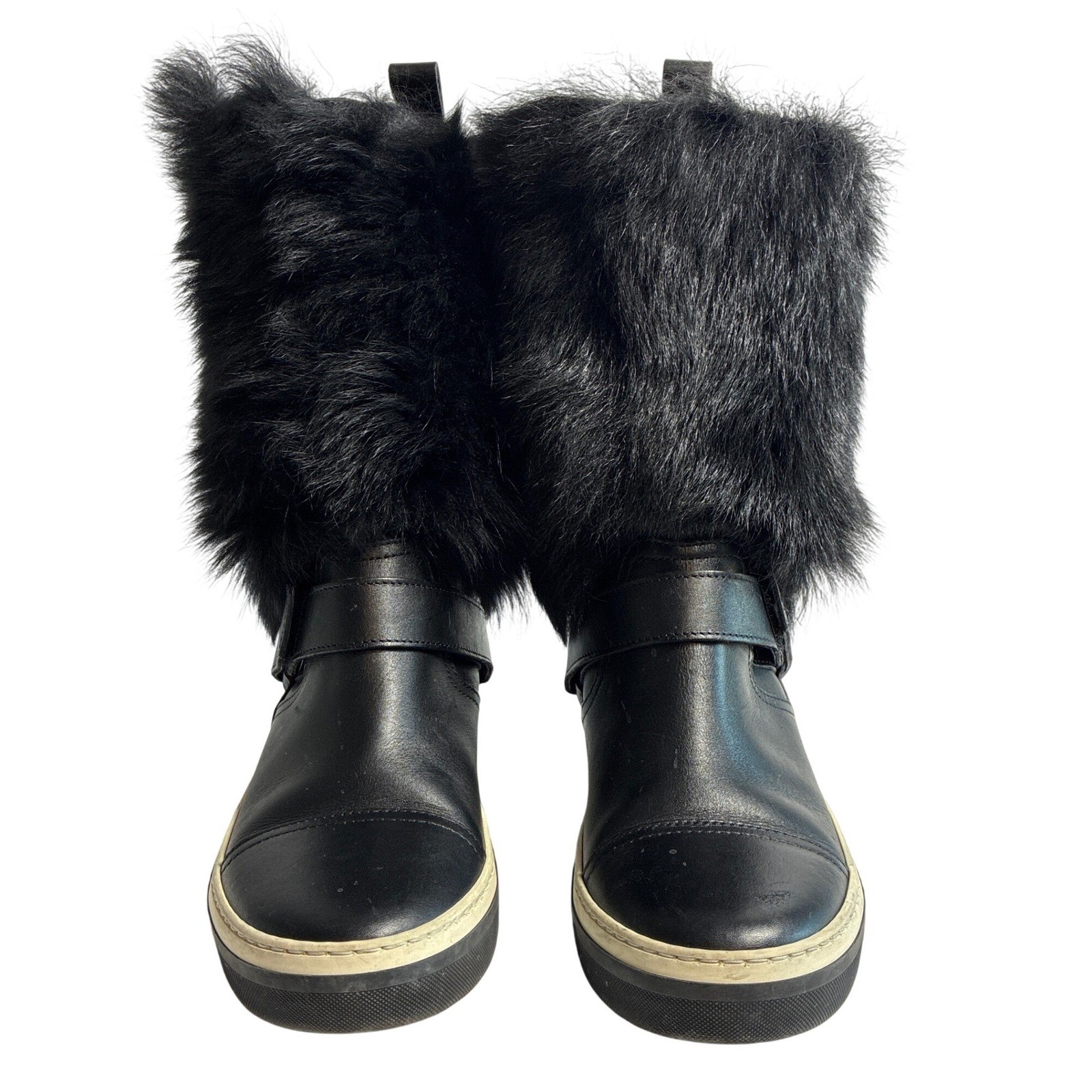 Jimmy Choo Black Leather Faux Fur Trim Mid Calf Boots Size 35 Made in Italy